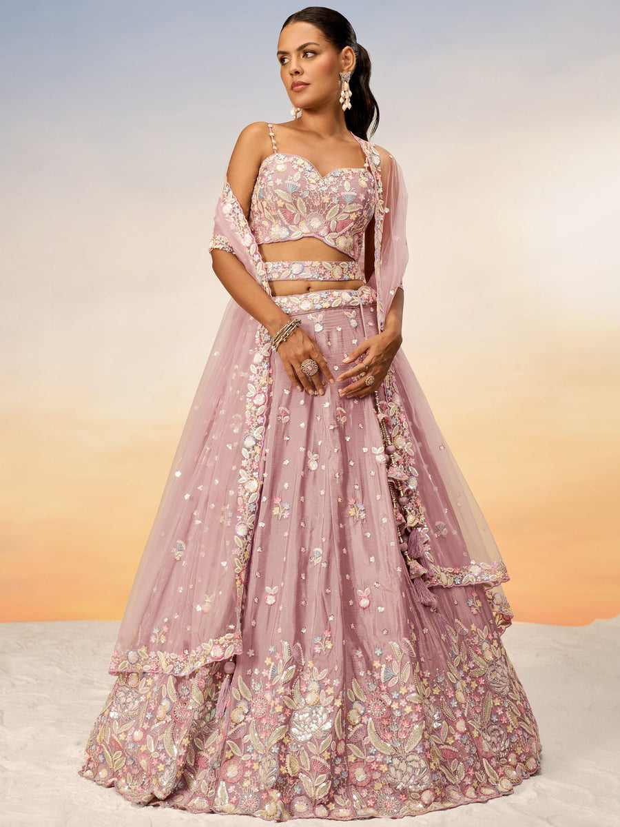 Amazing Pink Embroidered Chiffon Reception Wear Lehenga Choli