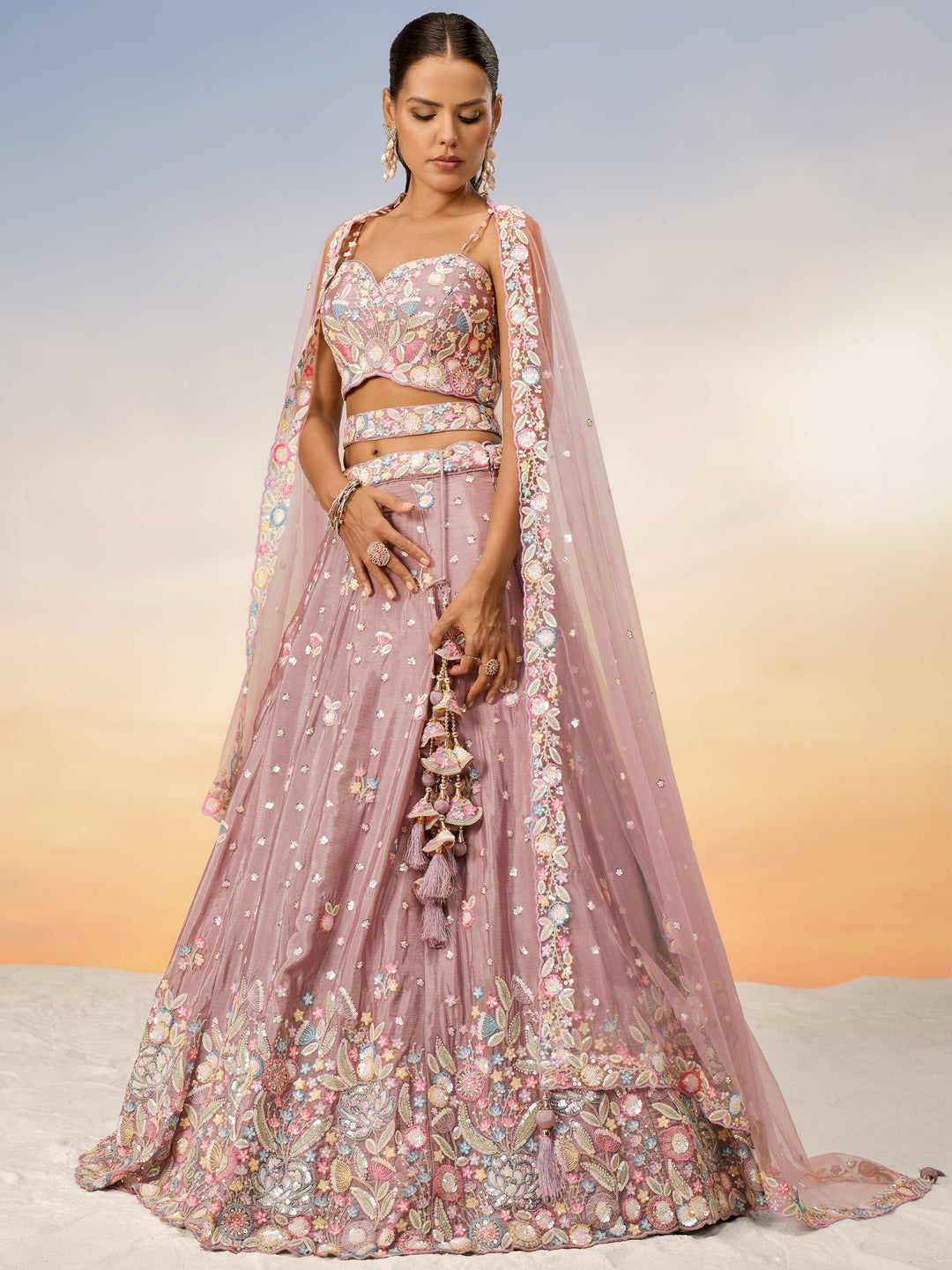 Amazing Pink Embroidered Chiffon Reception Wear Lehenga Choli