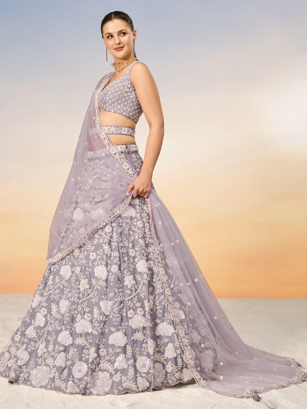 Gorgeous Mauve Embroidered Georgette Bridesmaid Lehenga Choli