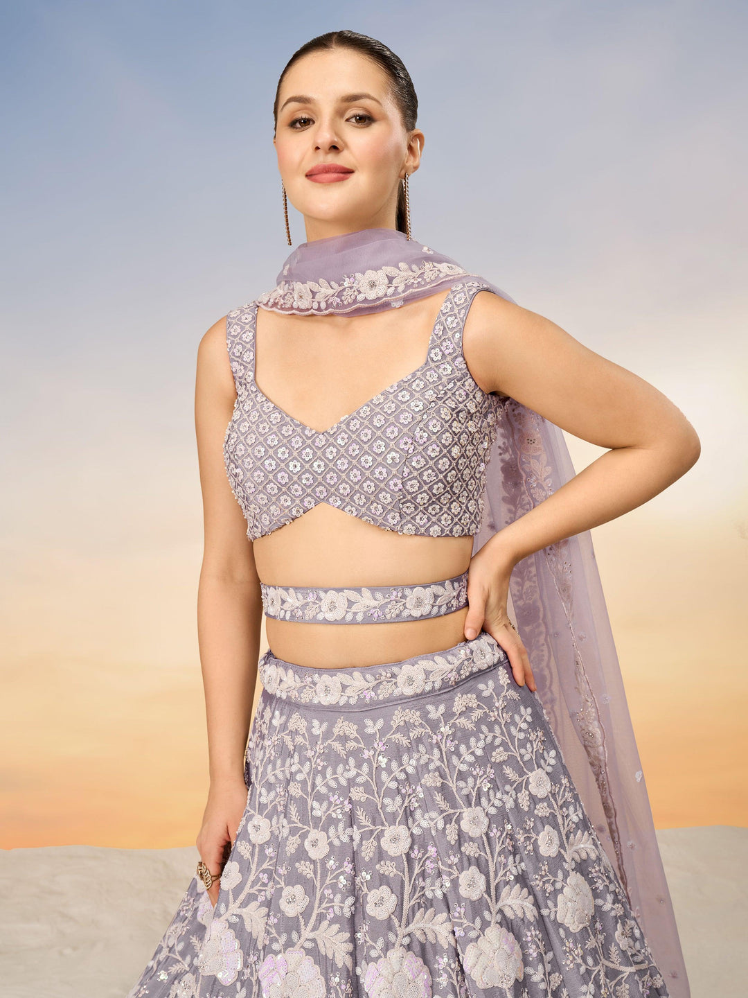 Gorgeous Mauve Embroidered Georgette Bridesmaid Lehenga Choli