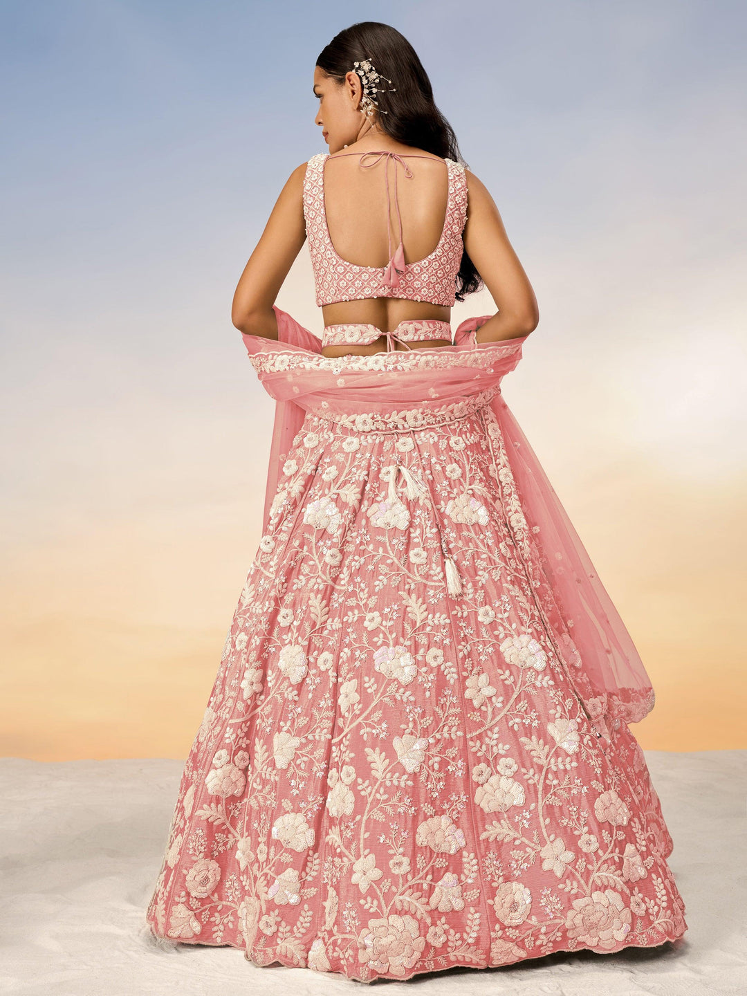 Precious Peach Sequins Georgette Designer Lehenga Choli