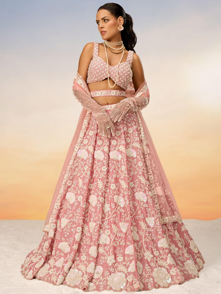 Precious Peach Sequins Georgette Designer Lehenga Choli