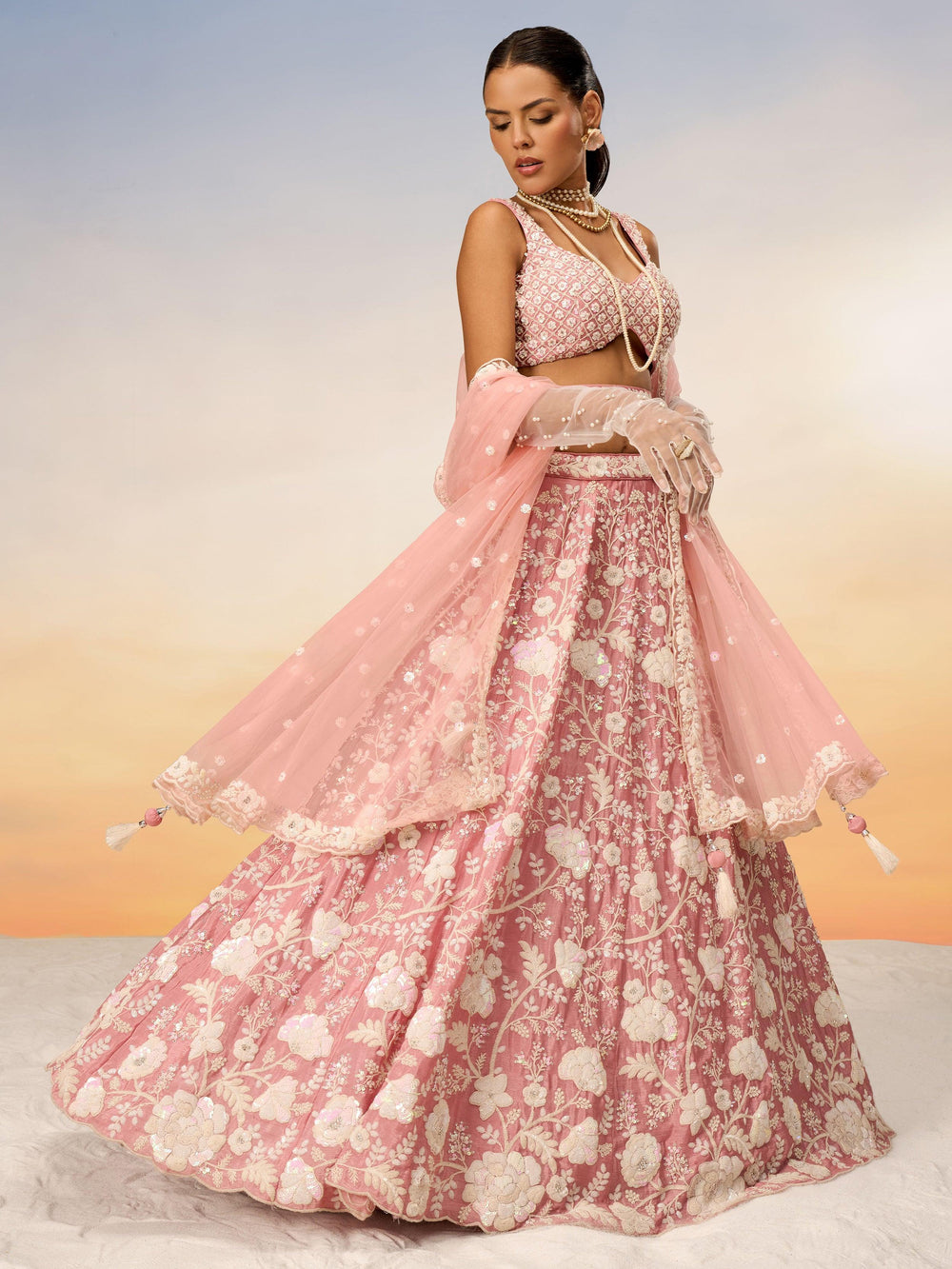 Precious Peach Sequins Georgette Designer Lehenga Choli