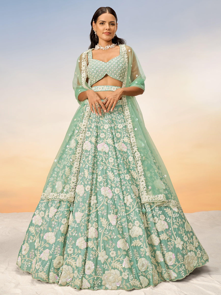 Charming Sea Green Sequins Georgette Engagement Wear Lehenga Choli