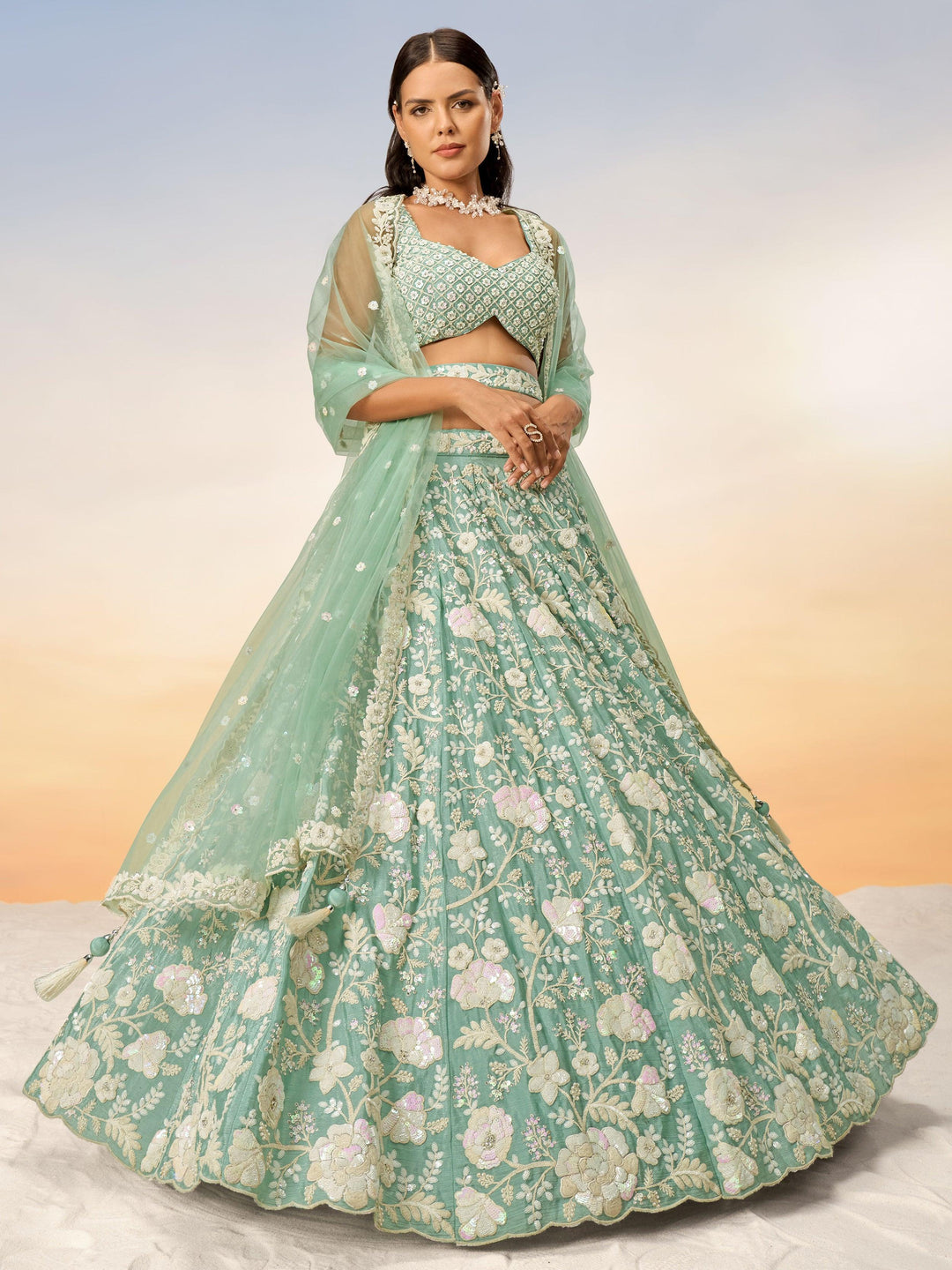 Charming Sea Green Sequins Georgette Engagement Wear Lehenga Choli