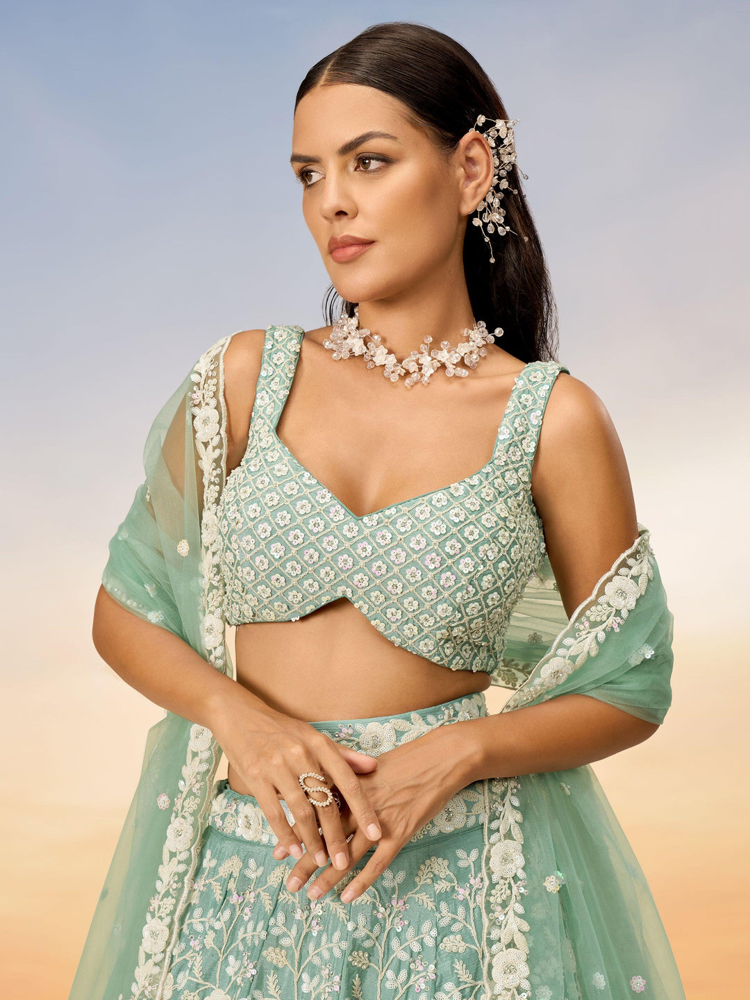 Charming Sea Green Sequins Georgette Engagement Wear Lehenga Choli