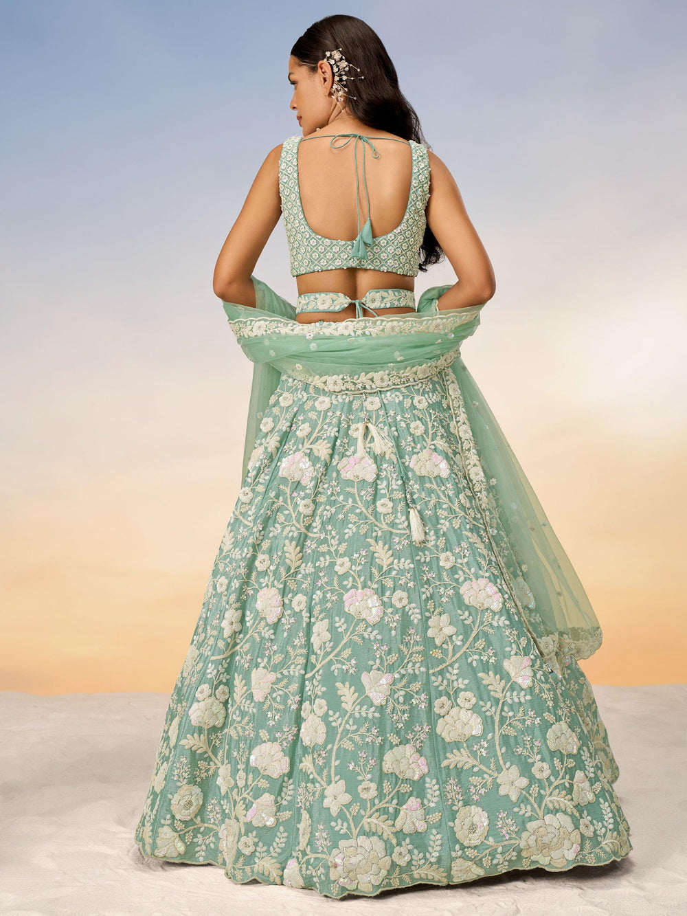 Charming Sea Green Sequins Georgette Engagement Wear Lehenga Choli