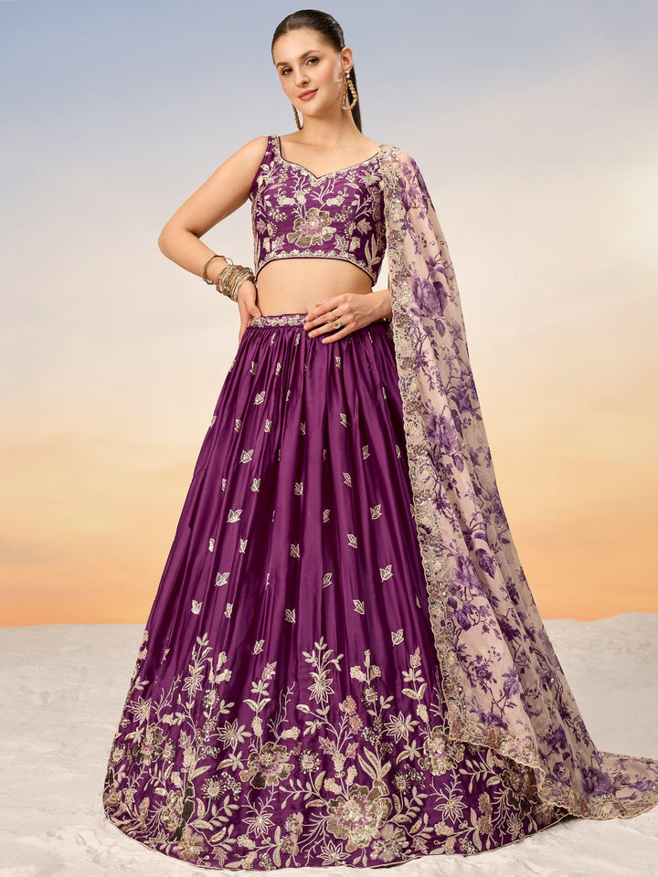 Pretty Wine Sequins Chiffon Wedding Wear Lehenga Choli With Dupatta