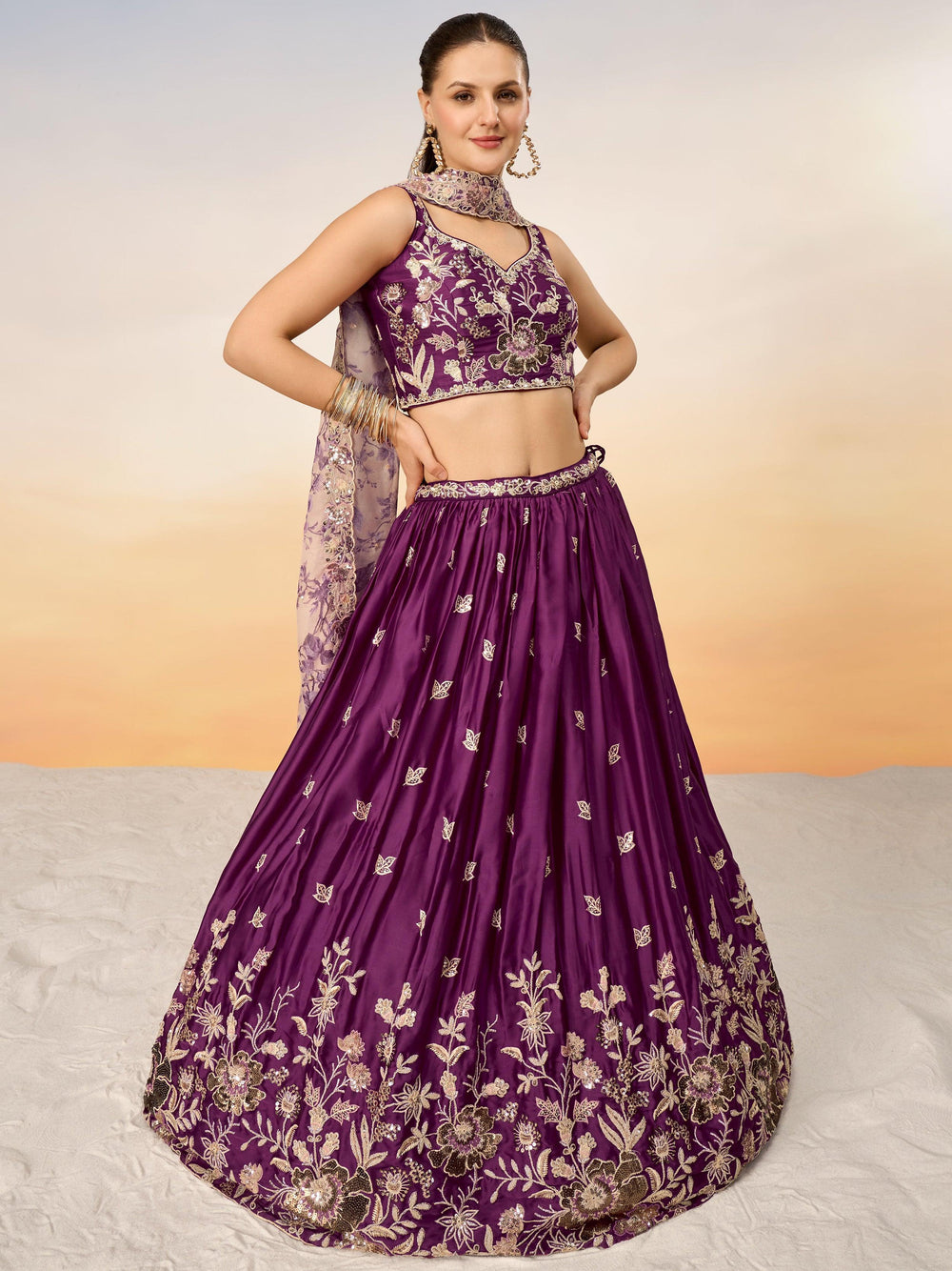 Pretty Wine Sequins Chiffon Wedding Wear Lehenga Choli With Dupatta