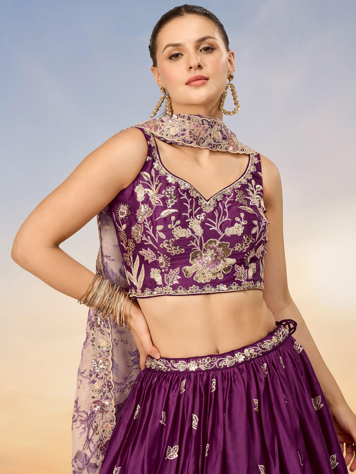 Pretty Wine Sequins Chiffon Wedding Wear Lehenga Choli With Dupatta