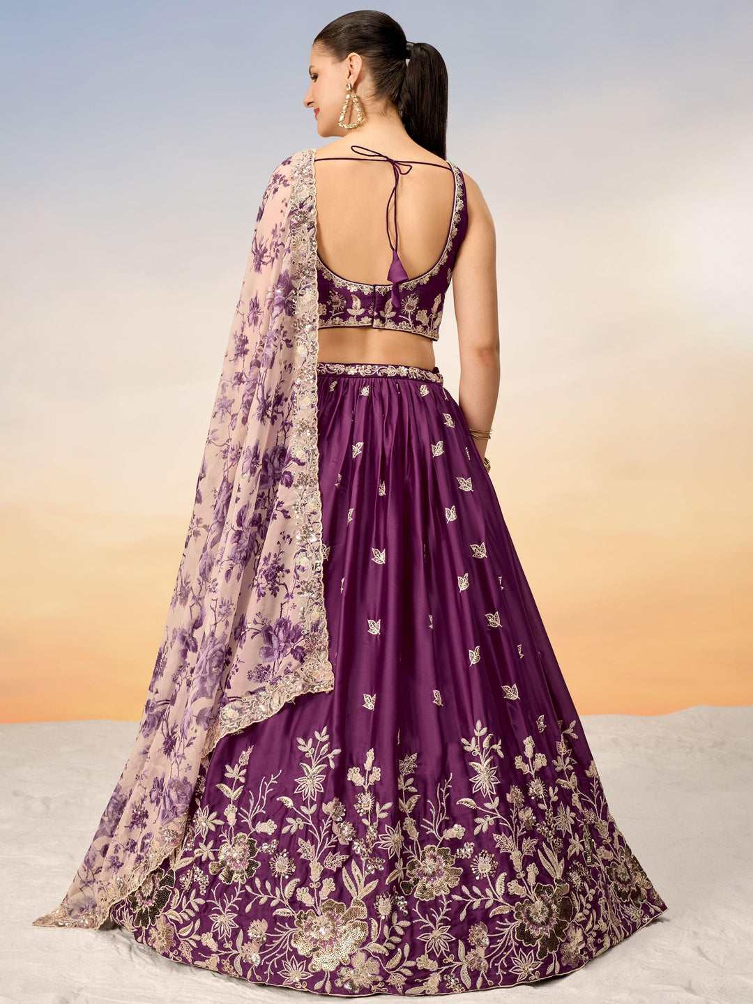 Pretty Wine Sequins Chiffon Wedding Wear Lehenga Choli With Dupatta