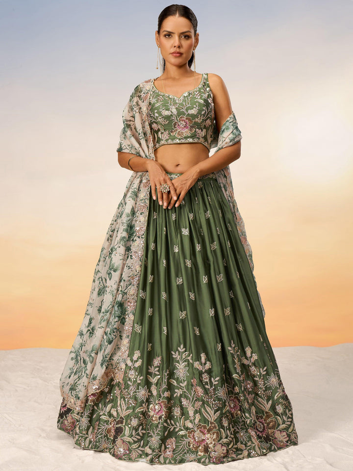 Charming Olive Green Embroidered Chiffon Mehendi Wear Lehenga Choli