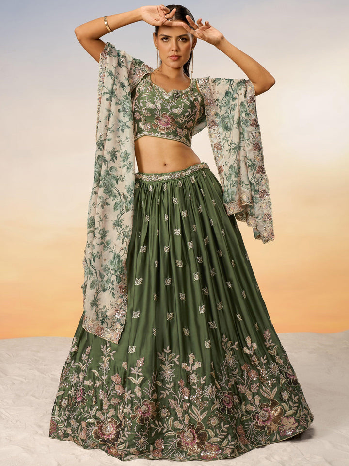 Charming Olive Green Embroidered Chiffon Mehendi Wear Lehenga Choli