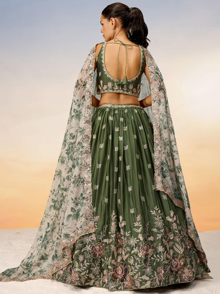 Charming Olive Green Embroidered Chiffon Mehendi Wear Lehenga Choli