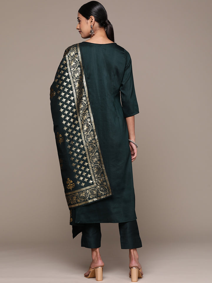 Readymade Bottle Green Kurti Set | Chinon Fabric with Designer Prints & Embroidery