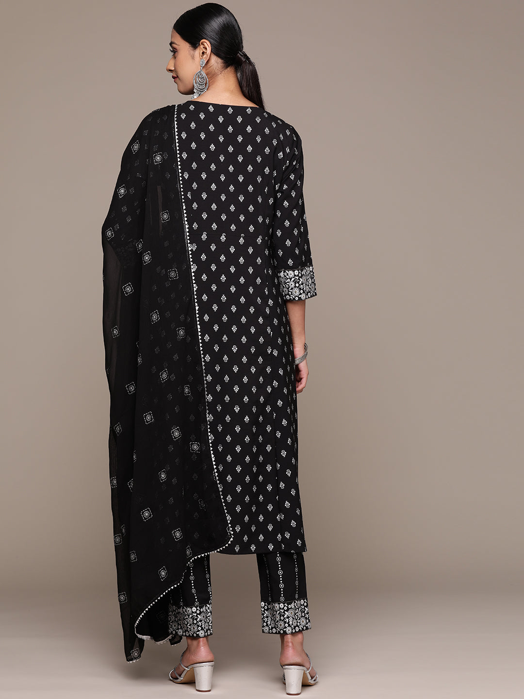 Readymade Black Kurti Set | Crepe Fabric with Designer Foil Prints & Dupatta