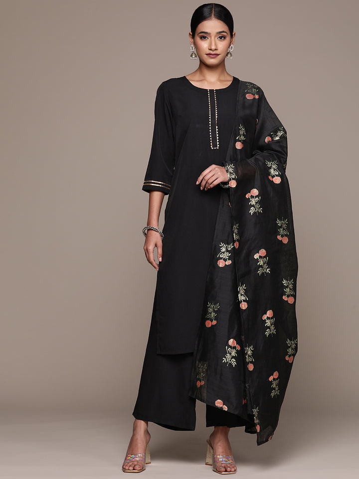 Readymade Black Kurti Set | Solid Crepe Fabric with Elegant Chanderi Dupatta