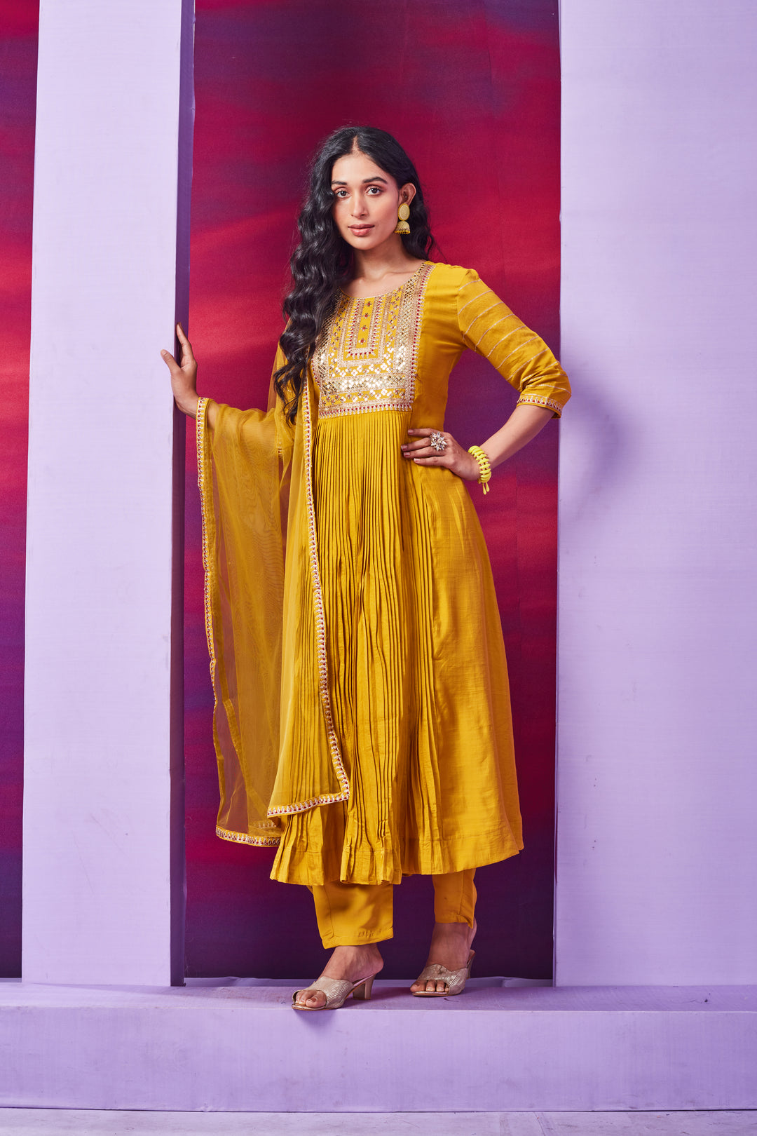 Readymade Mustard Kurti Set | Chanderi Silk with Crush and Embroidery Work