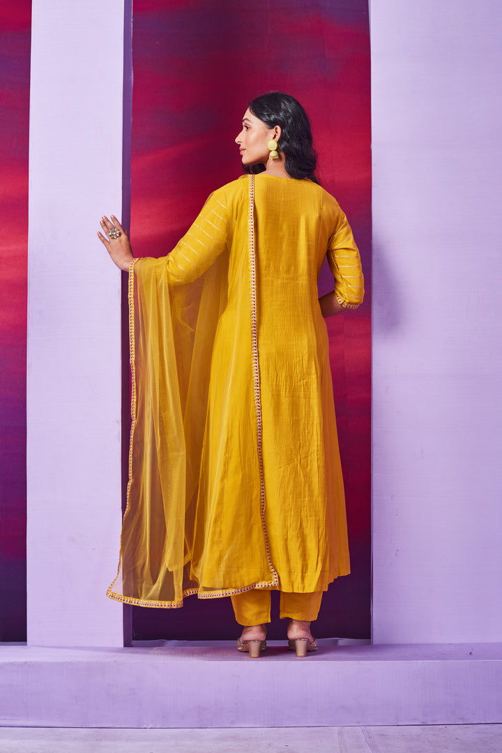 Readymade Mustard Kurti Set | Chanderi Silk with Crush and Embroidery Work