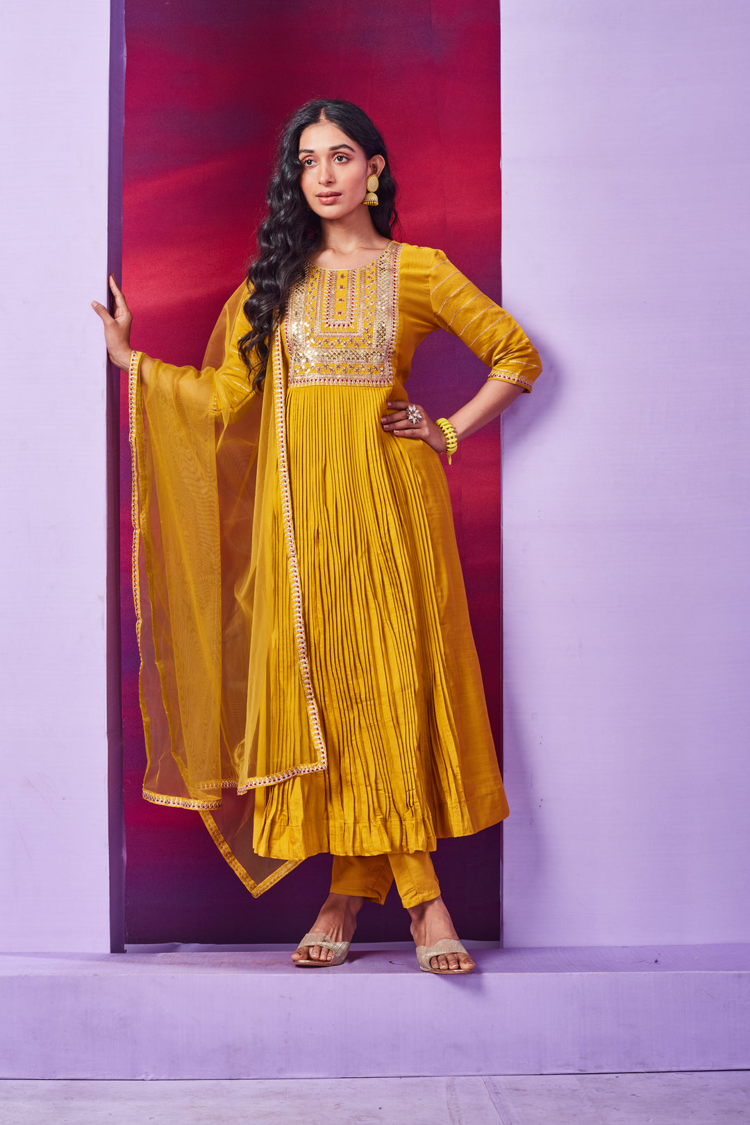 Readymade Mustard Kurti Set | Chanderi Silk with Crush and Embroidery Work