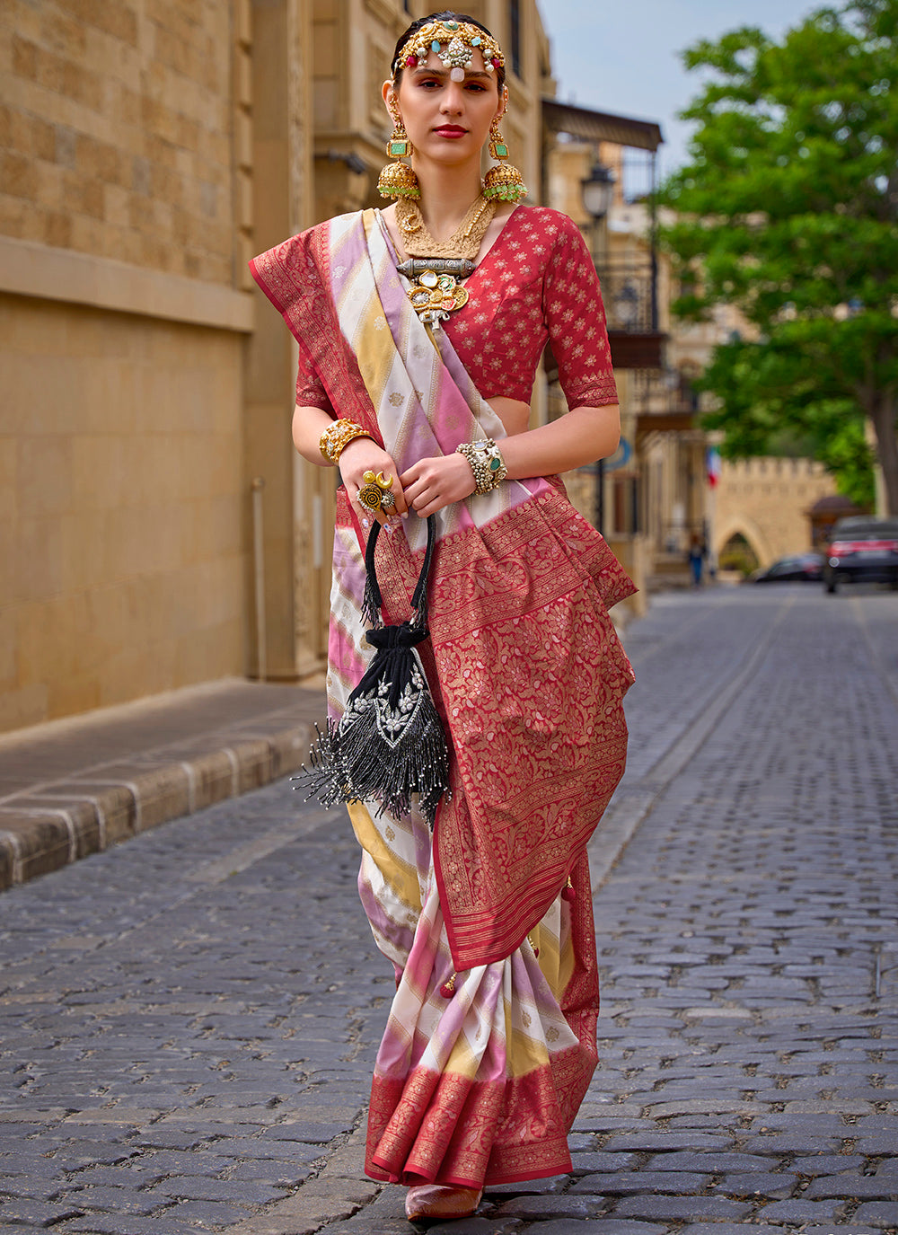 Designer V-P Silk Saree with Patola Silk Blouse | Woven Jari Digital Print