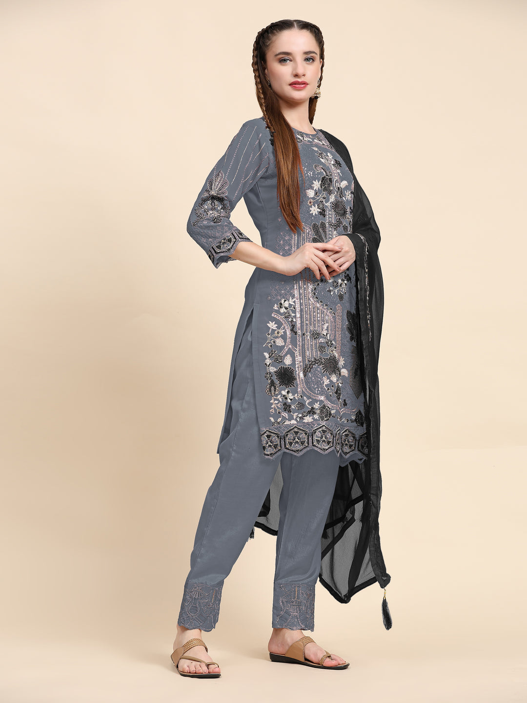 Semi-Stitched Kurtis Set | Faux Georgette Embroidered with Nazmin Dupatta