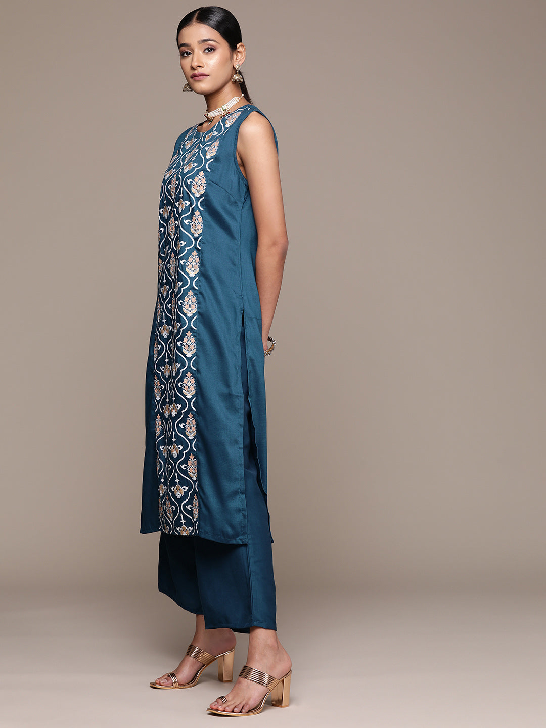 Teal Blue Chinon Palazzo Pants & Top | Designer Khadi Print Set