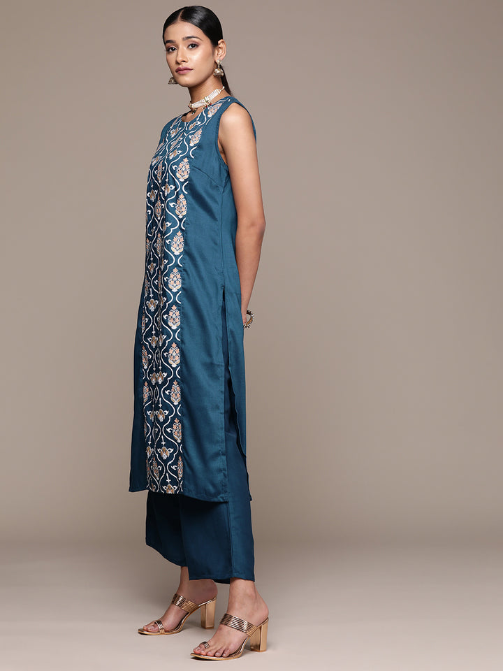 Teal Blue Chinon Palazzo Pants & Top | Designer Khadi Print Set