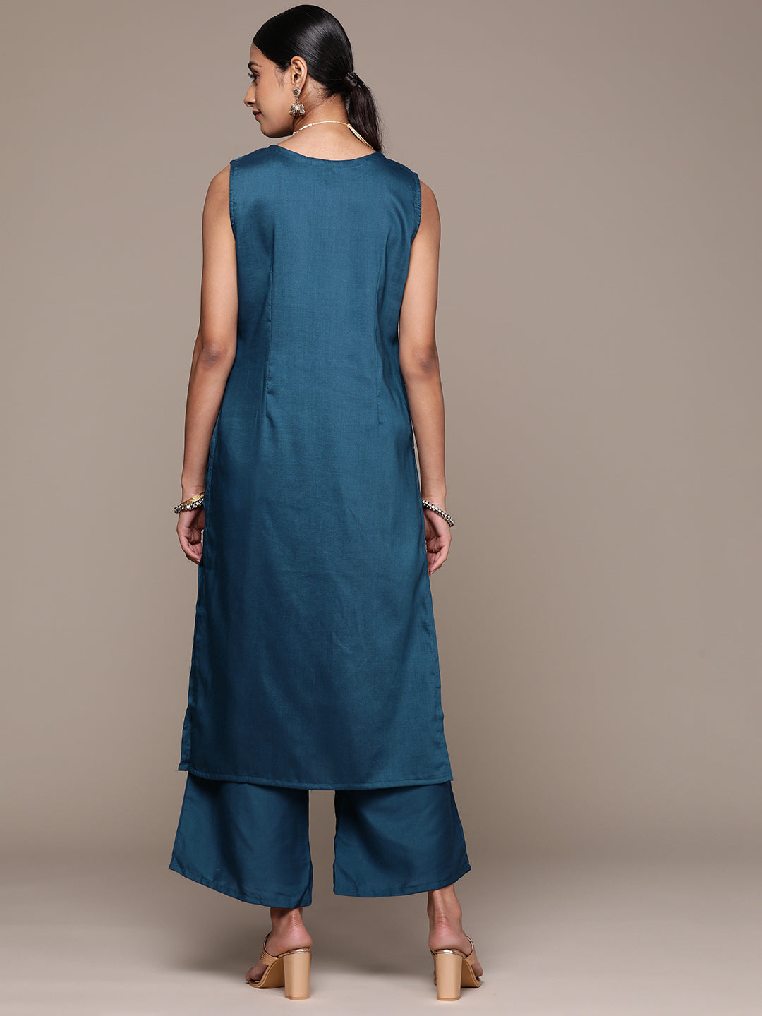 Teal Blue Chinon Palazzo Pants & Top | Designer Khadi Print Set