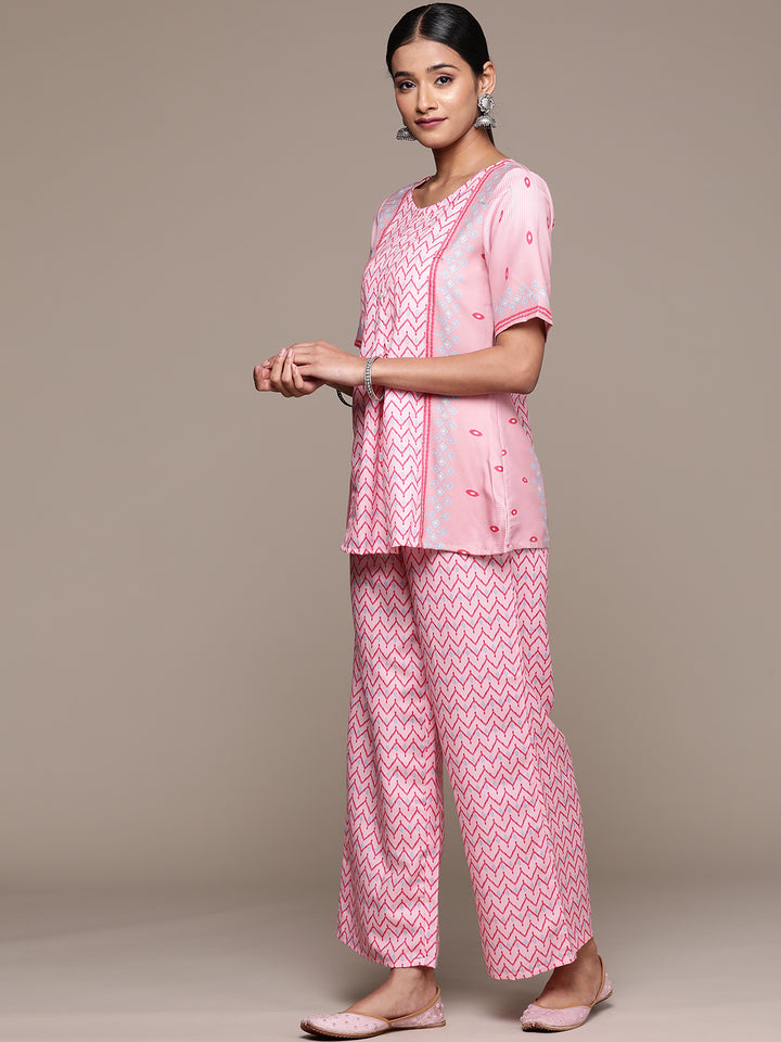 Pink Chinon Palazzo Pants & Top | Designer Khadi Print Set