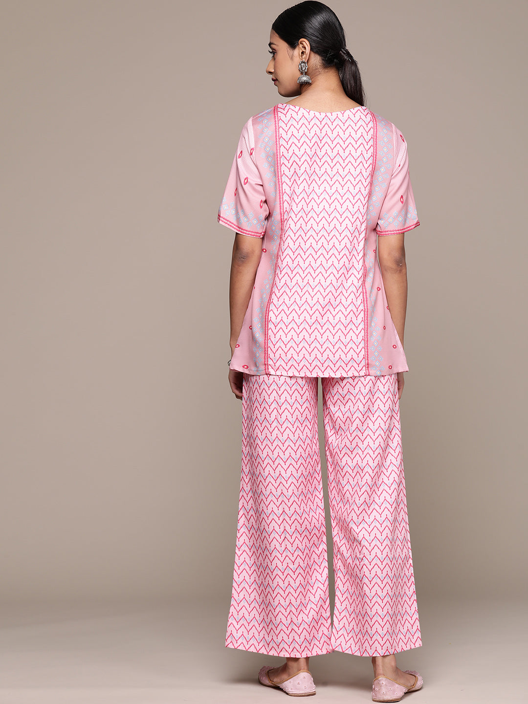 Pink Chinon Palazzo Pants & Top | Designer Khadi Print Set