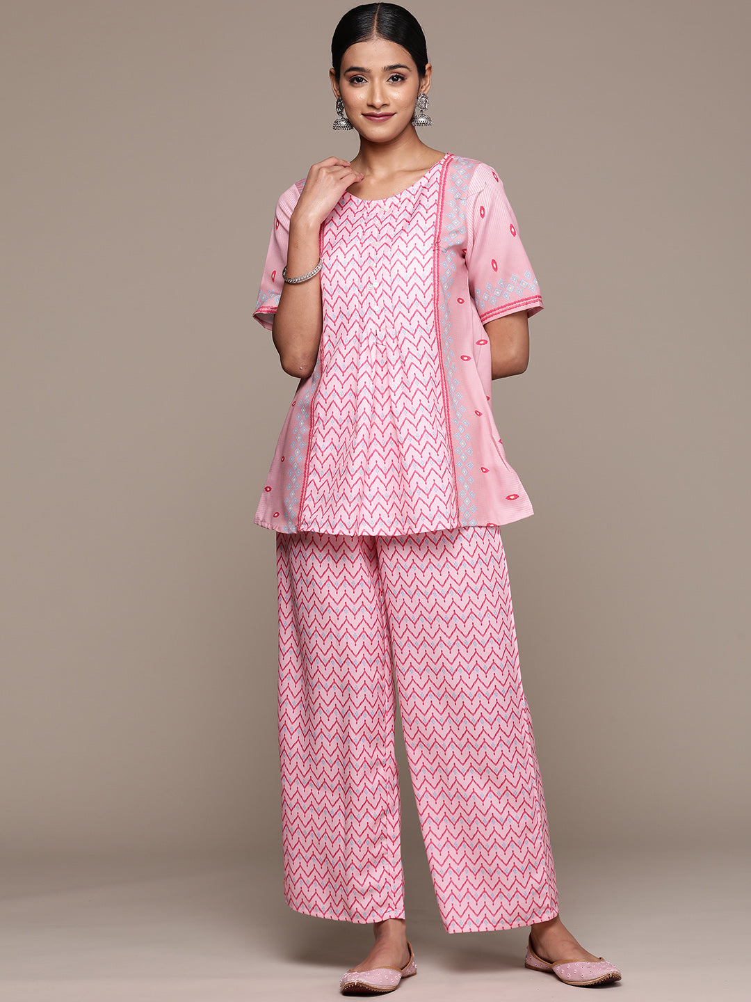 Pink Chinon Palazzo Pants & Top | Designer Khadi Print Set