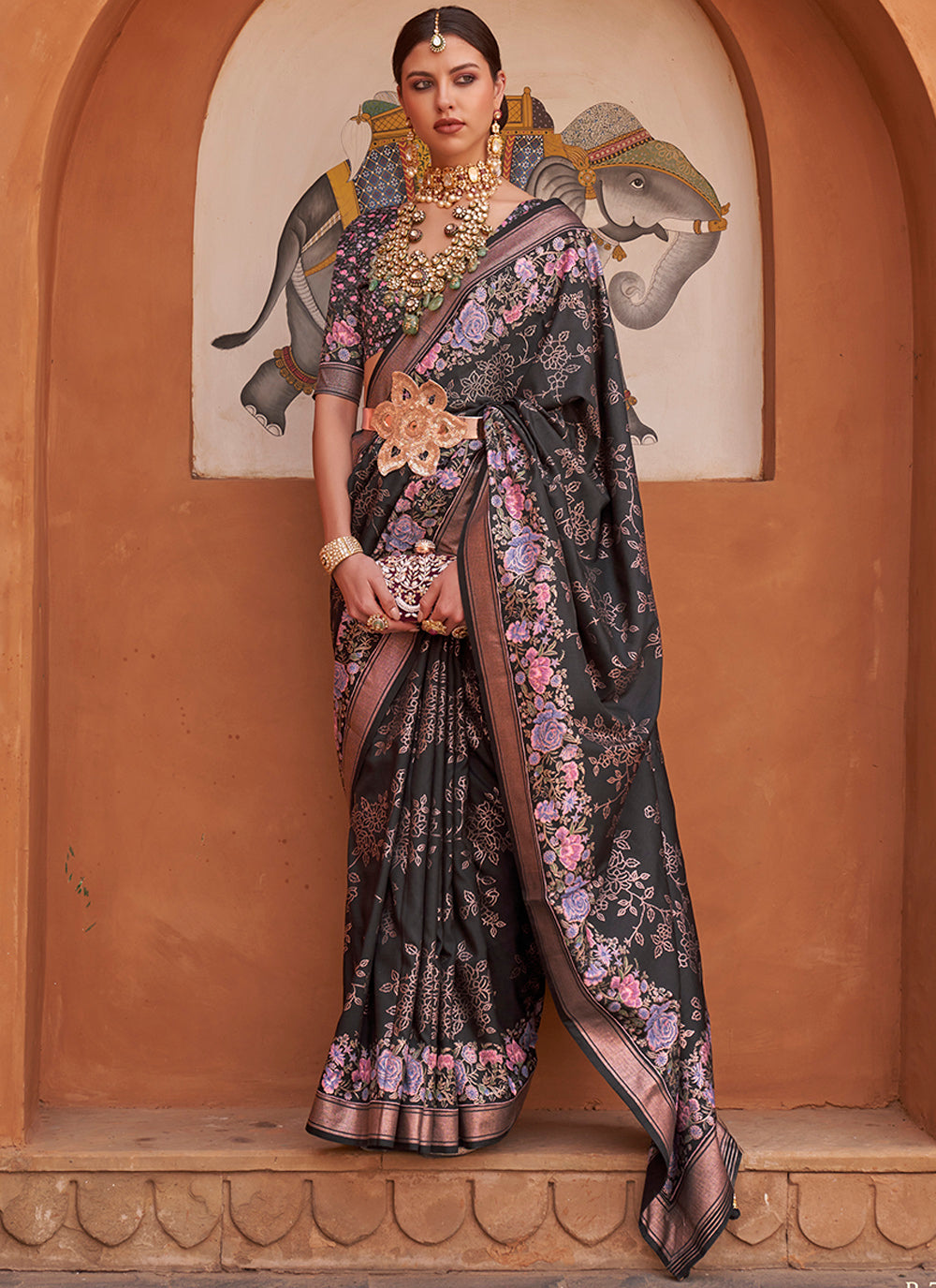 Designer Floral-Printed V-P Silk Saree | Special Event & Wedding Wear