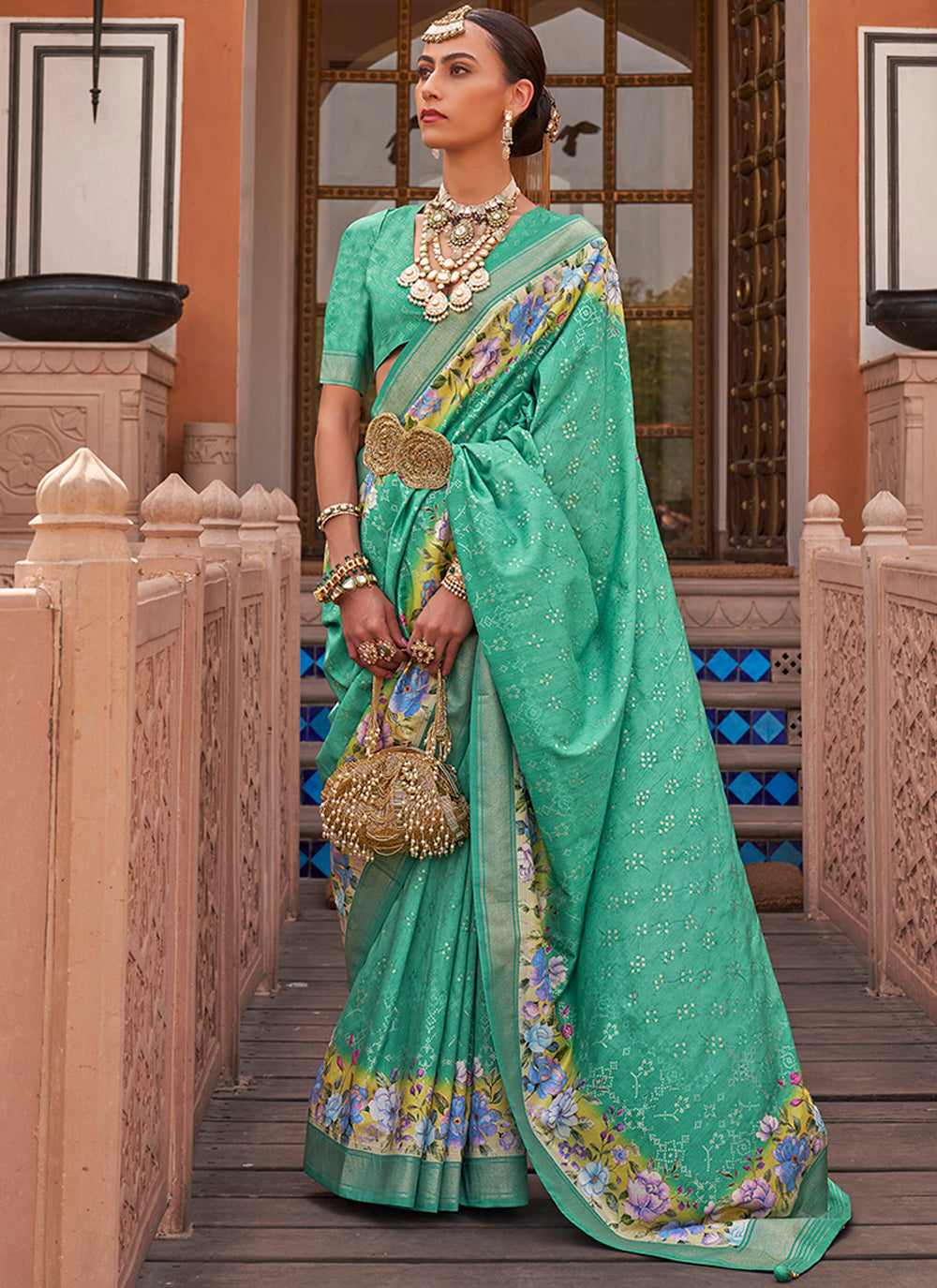 Designer Floral-Printed V-P Silk Saree | Special Event & Festive Wear