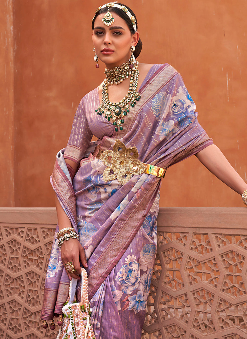 Designer Floral-Printed V-P Silk Saree | Special Event & Festive Wear