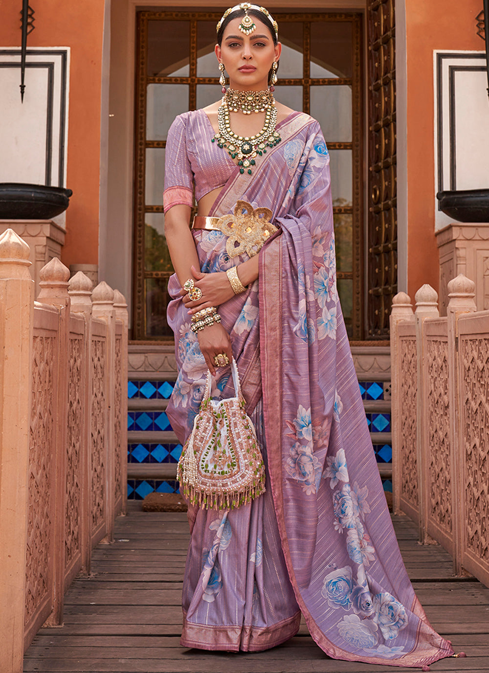 Designer Floral-Printed V-P Silk Saree | Special Event & Festive Wear