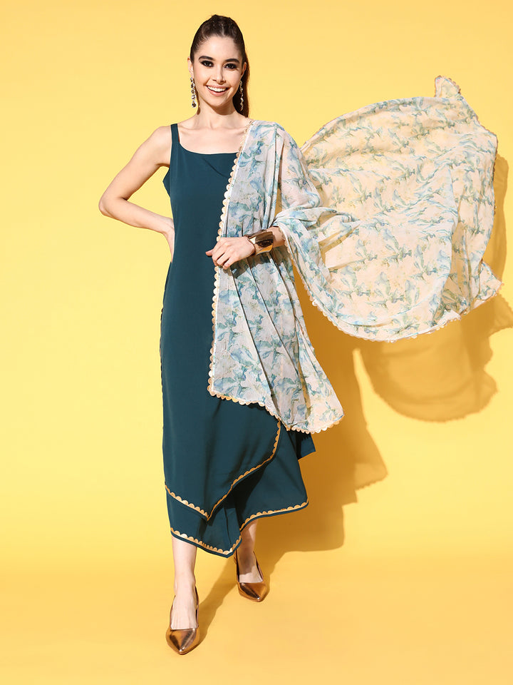 Readymade Sea Green Plazzo Suit | Crepe Fabric with Chiffon Dupatta for All Occasions