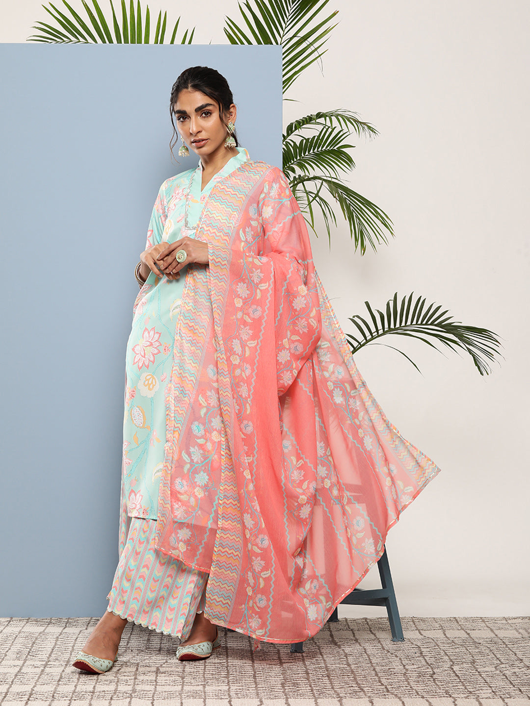 Readymade Sky Blue Crepe Kurta Set | V-Neck with Elbow Sleeves Chiffon Dupatta