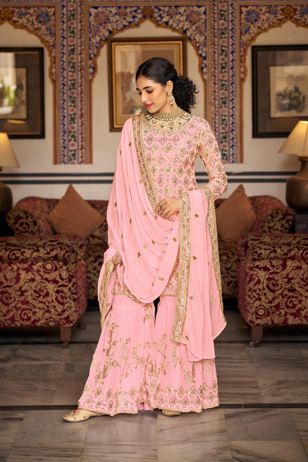 Semi-Stitched Plazzo Suit | Faux Georgette with Sequins & Thread Embroidery