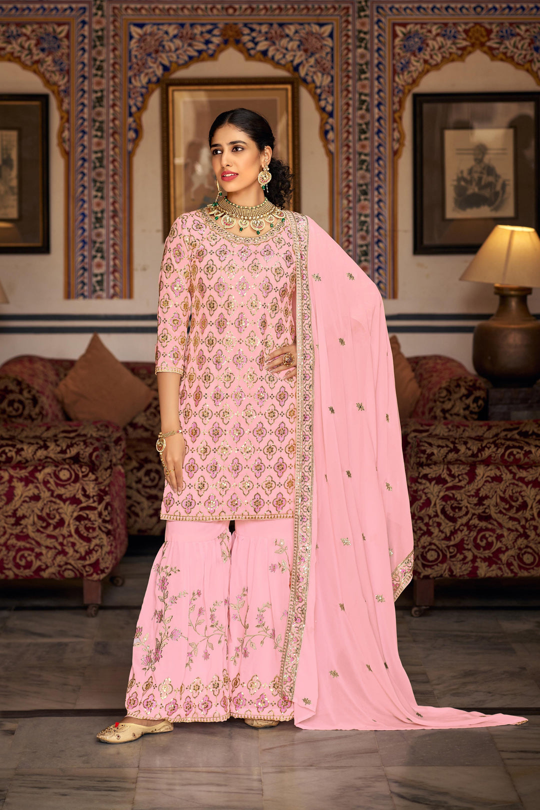 Semi-Stitched Plazzo Suit | Faux Georgette with Sequins & Thread Embroidery