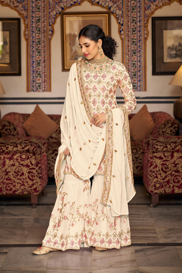 Semi-Stitched Plazzo Suit | Faux Georgette with Sequins & Thread Embroidery