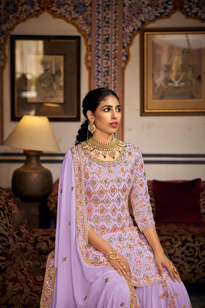 Semi-Stitched Plazzo Suit | Faux Georgette with Sequins & Thread Embroidery