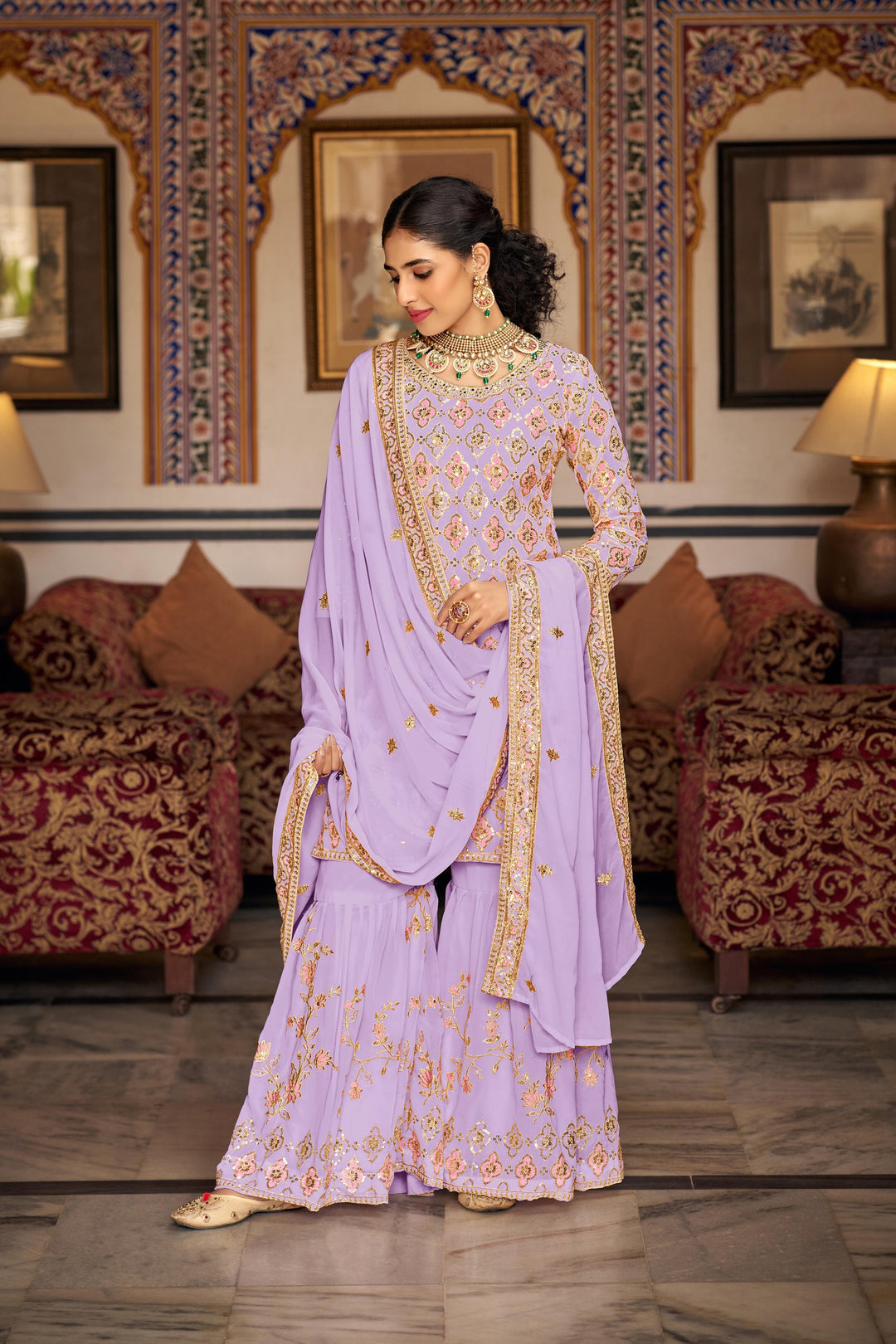 Semi-Stitched Plazzo Suit | Faux Georgette with Sequins & Thread Embroidery