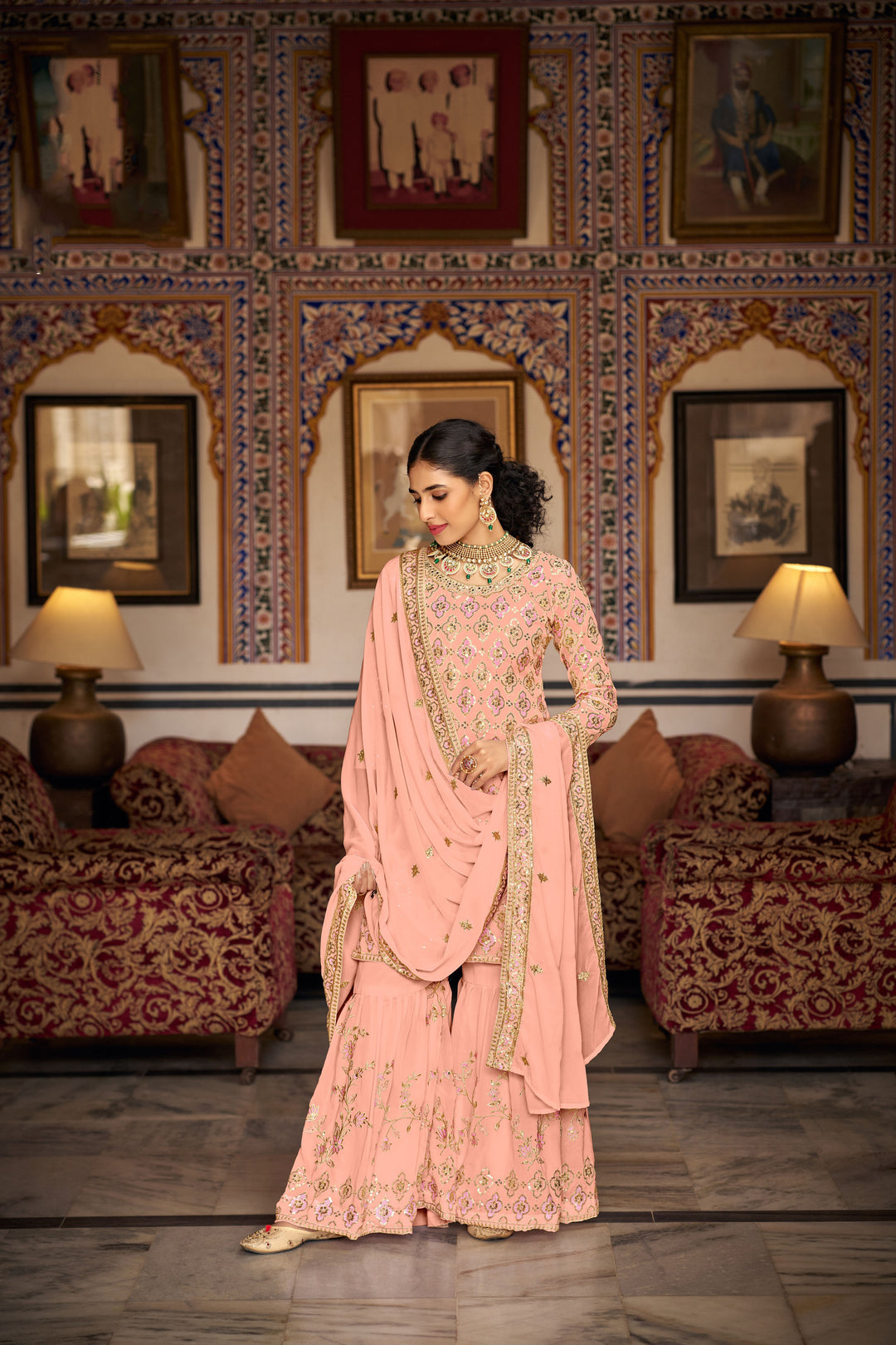 Semi-Stitched Plazzo Suit | Faux Georgette with Sequins & Thread Embroidery