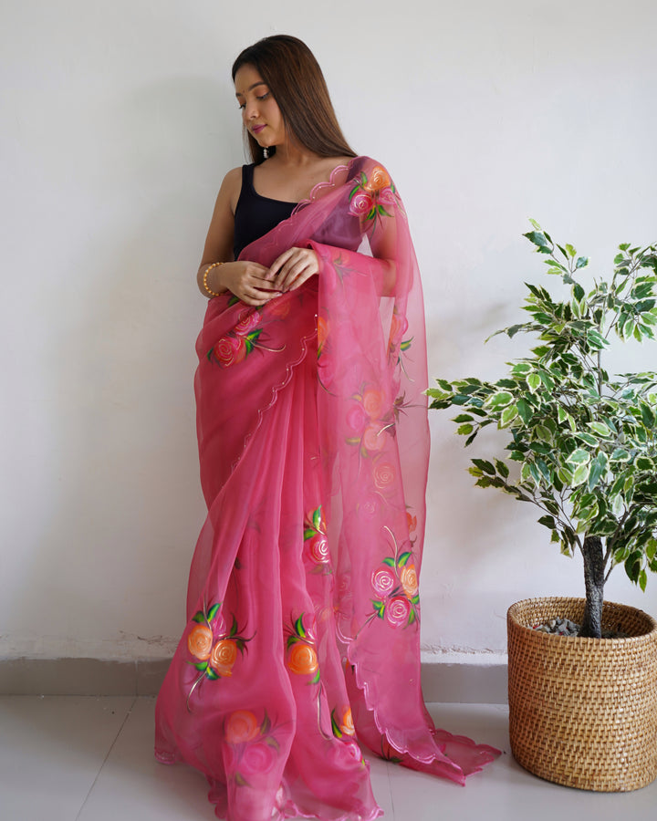 Partywear Organza Saree | Designer Foil Print with Cut Work Detailing