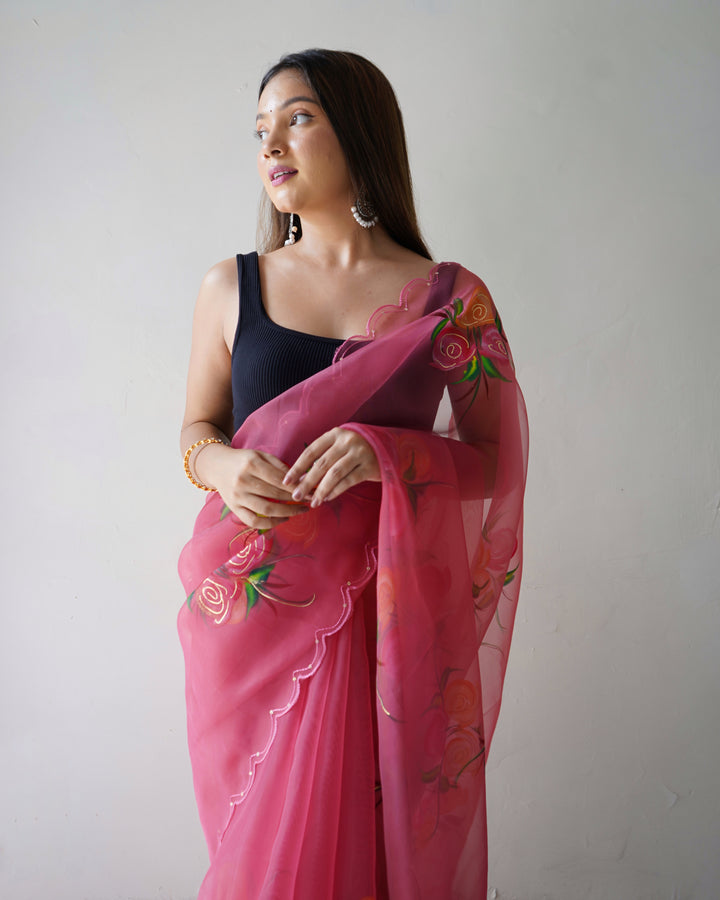 Partywear Organza Saree | Designer Foil Print with Cut Work Detailing