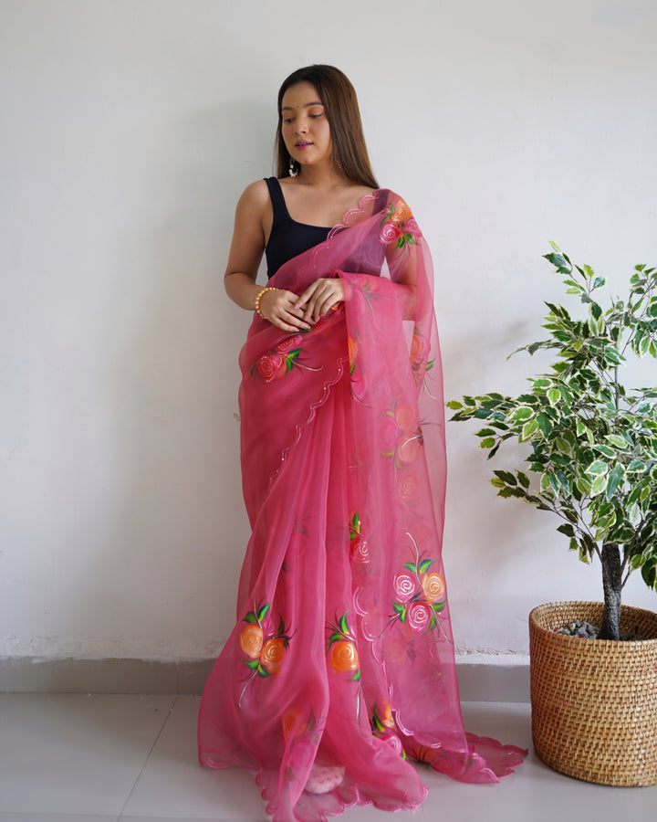 Partywear Organza Saree | Designer Foil Print with Cut Work Detailing