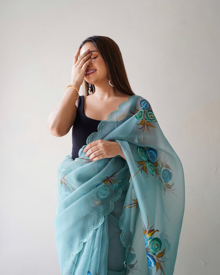 Partywear Organza Saree | Designer Foil Print with Cut Work Detailing