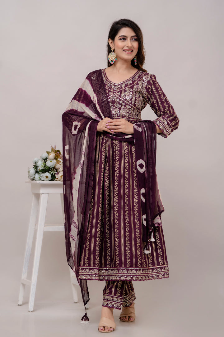 Ready-Made Wine Kurti Set | Elegant Rayon Cotton | Digital Prints & Dupatta