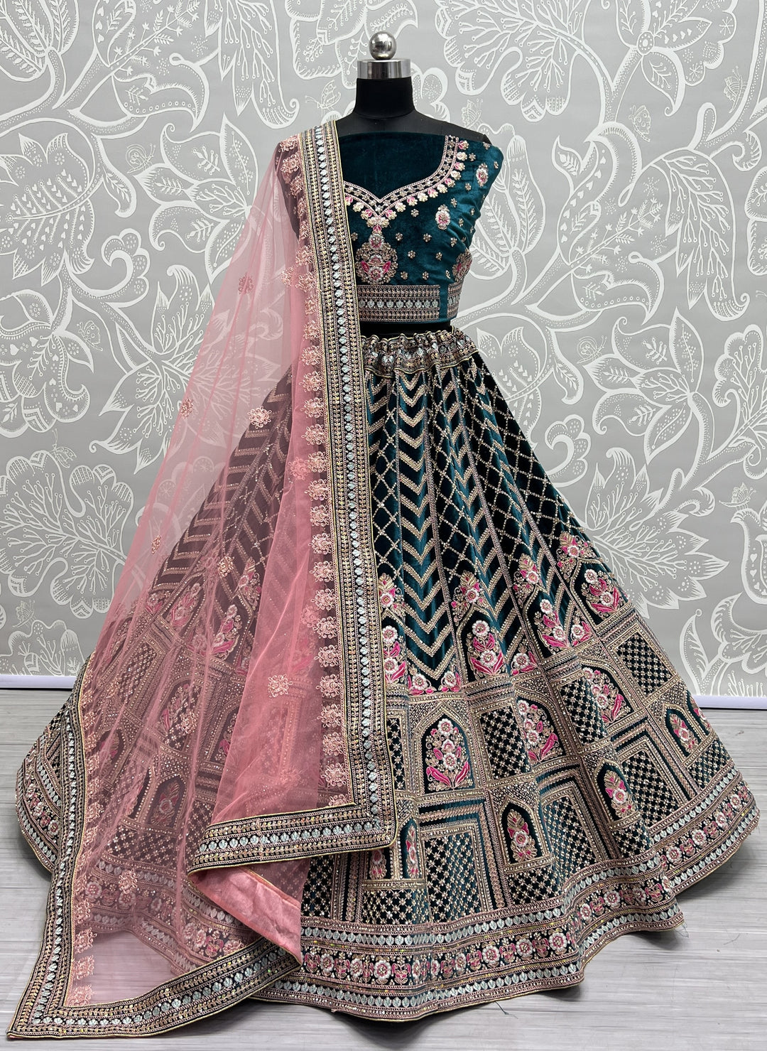 Velvet Multy-Thread Embroidered Lehenga | Elegant Bridal Wear for Events